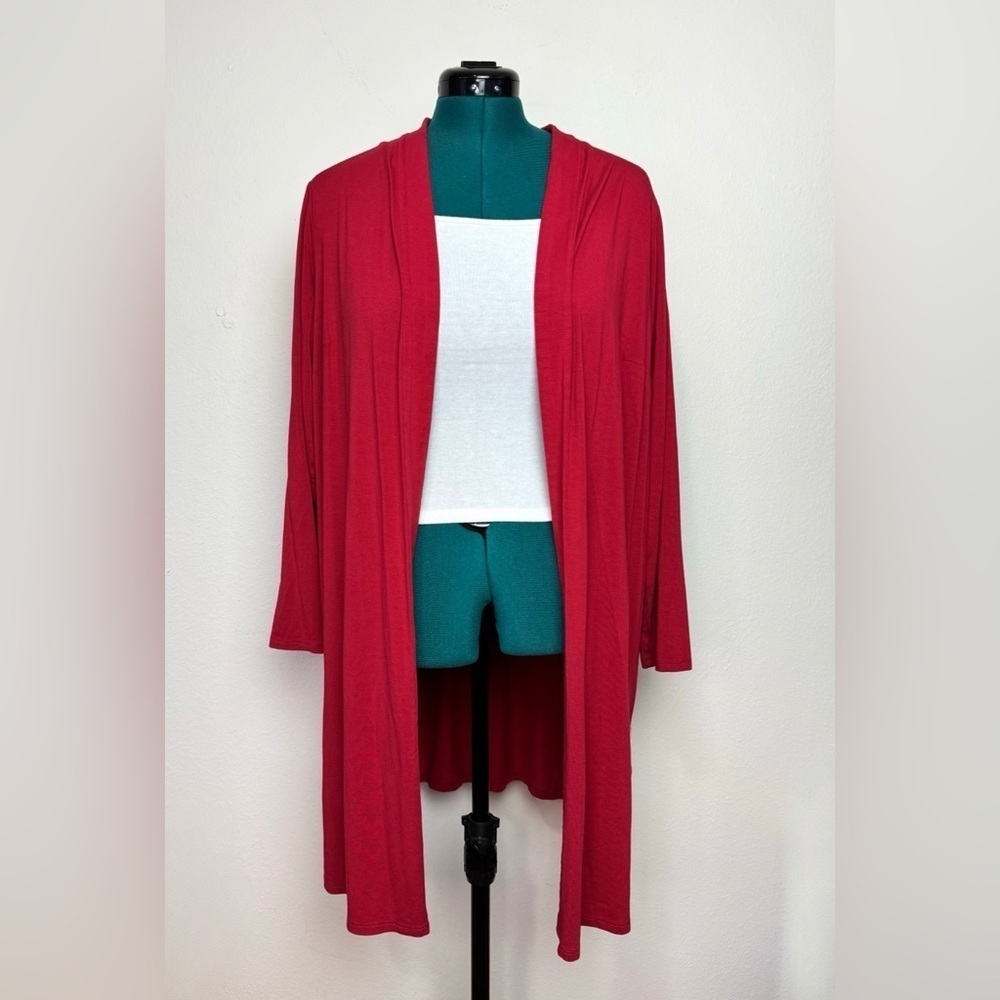 J Jill Woman Wearever Grenadine Red Open Front Duster Cardigan 1X Business Fall